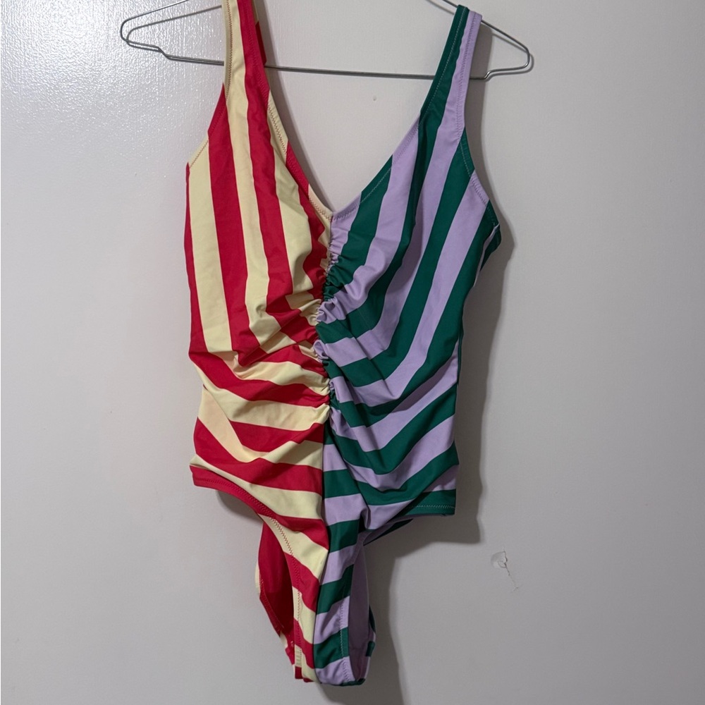 Striped Colorblock Kids One-Piece Swimsuit - Red, Yellow, Green & Lavender